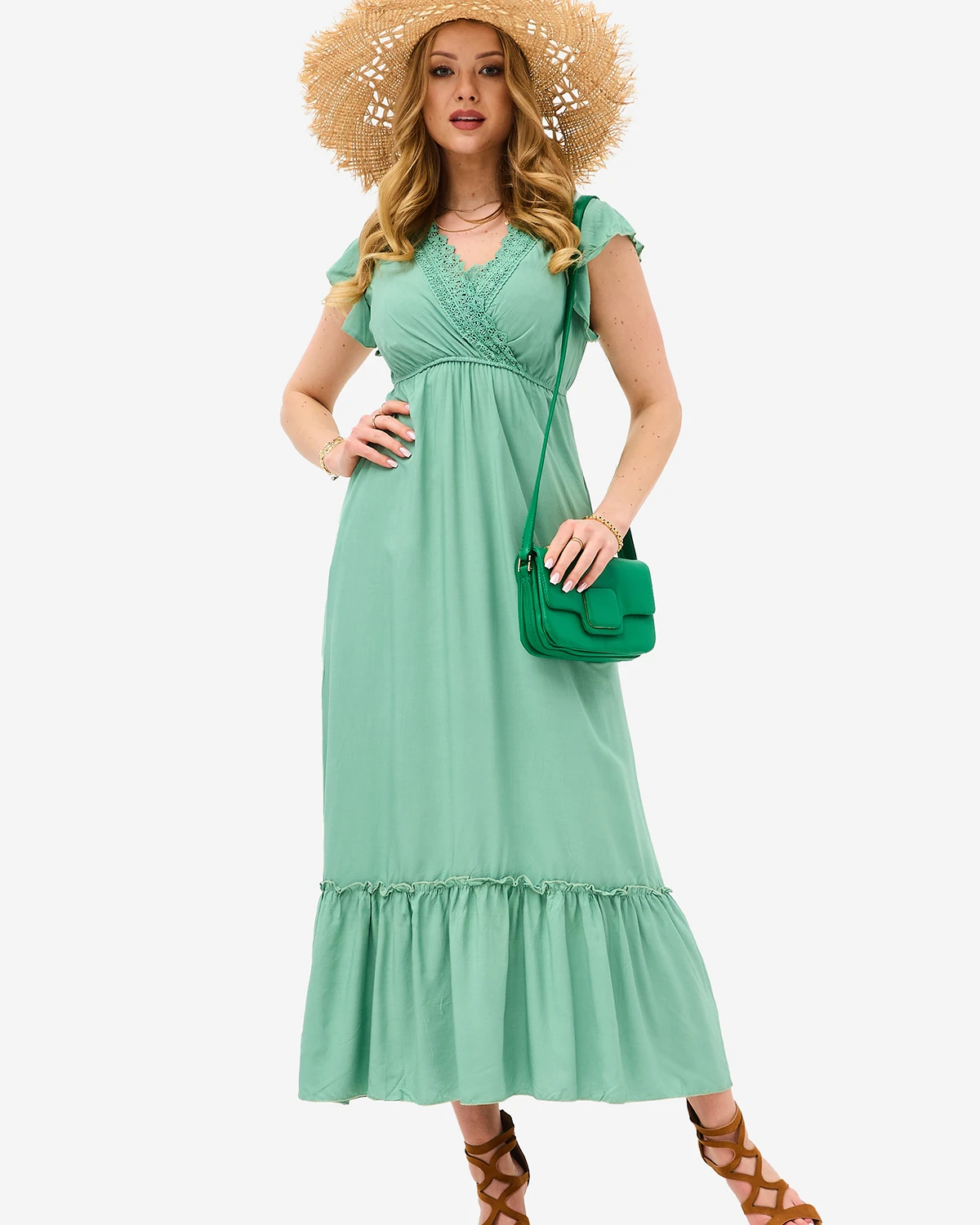 Dámske zelené dlhé šaty s čipkou - Oblečenie