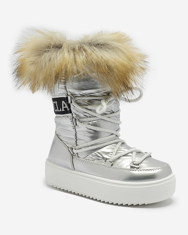 Strieborné detské slip-on topánky a\'la snow boots s kožušinkou Asika - Obuv