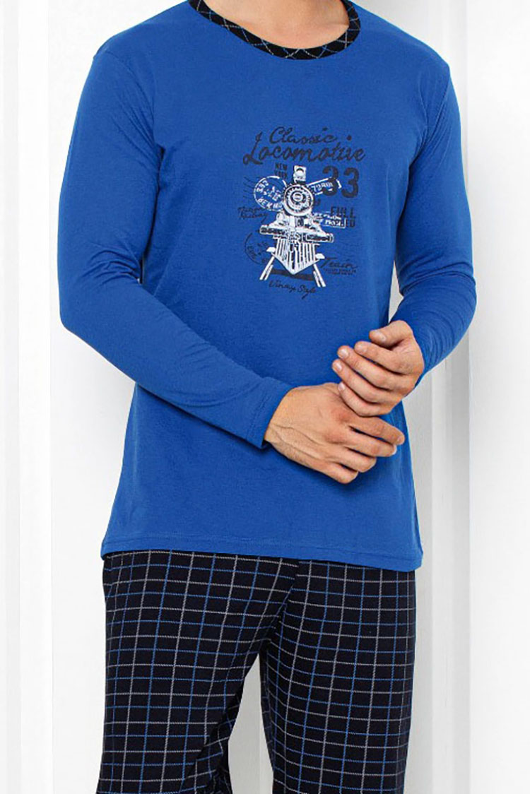 Royalfashion Modré pánske pyžamo s kockovanými nohavicami