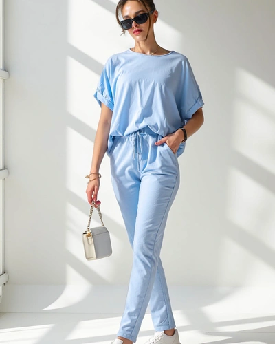 Royalfashion Dámsky bavlnený komplet s krátkymi rukávmi a rovnými nohavicami