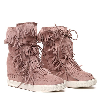 Różowe sneakersy na krytym koturnie z frędzlami - Obuwie