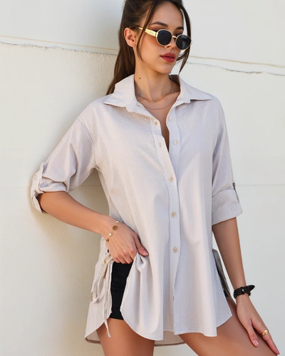 Royalfashion Dlhá pruhovaná dámska bavlnená košeľa s viazaním v páse