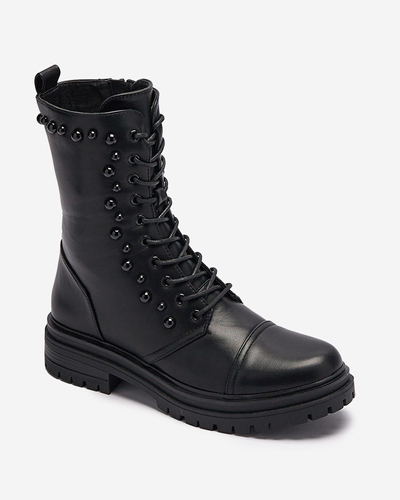 OUTLET Čierne dámske šnurovacie čižmy s perlami Gunny- Obuv