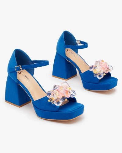 OUTLET Modré dámske sandále na hrubom podpätku s kryštálmi Celidi - Obuv