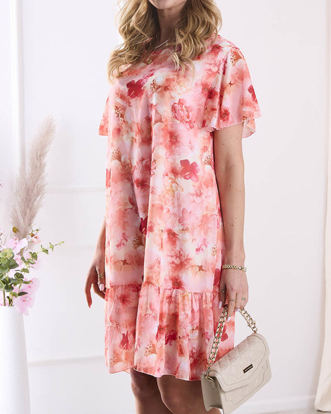 Dámske šaty po kolená s potlačou a volánom v oranžovej farbe - Oblečenie