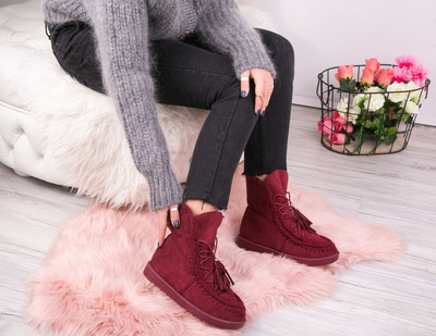 Bordowe śniegowce na płaskiej podeszwie Manon- Obuwie