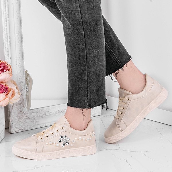 Beżowe tenisówki z perełkami i cyrkoniami Flora - Obuwie