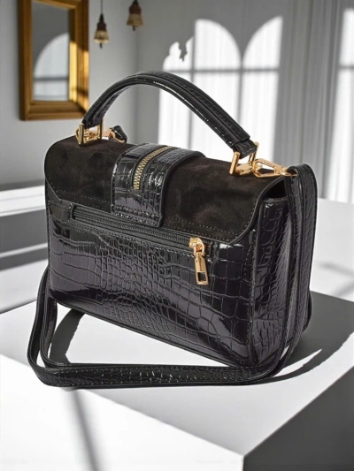 Ženska torbica Cassia Nero klasična črna eko usnje semiš elegantna