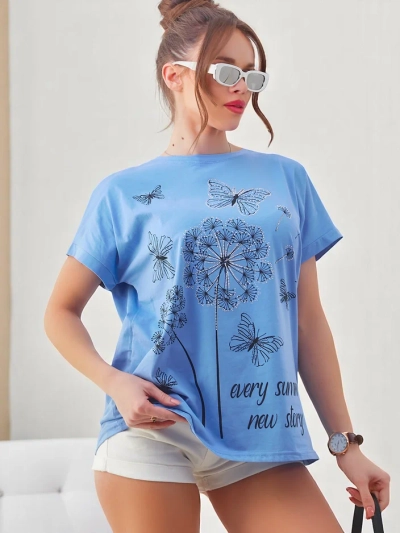 Royalfashion Dámské bavlnené tričko s púpavami a motýľom