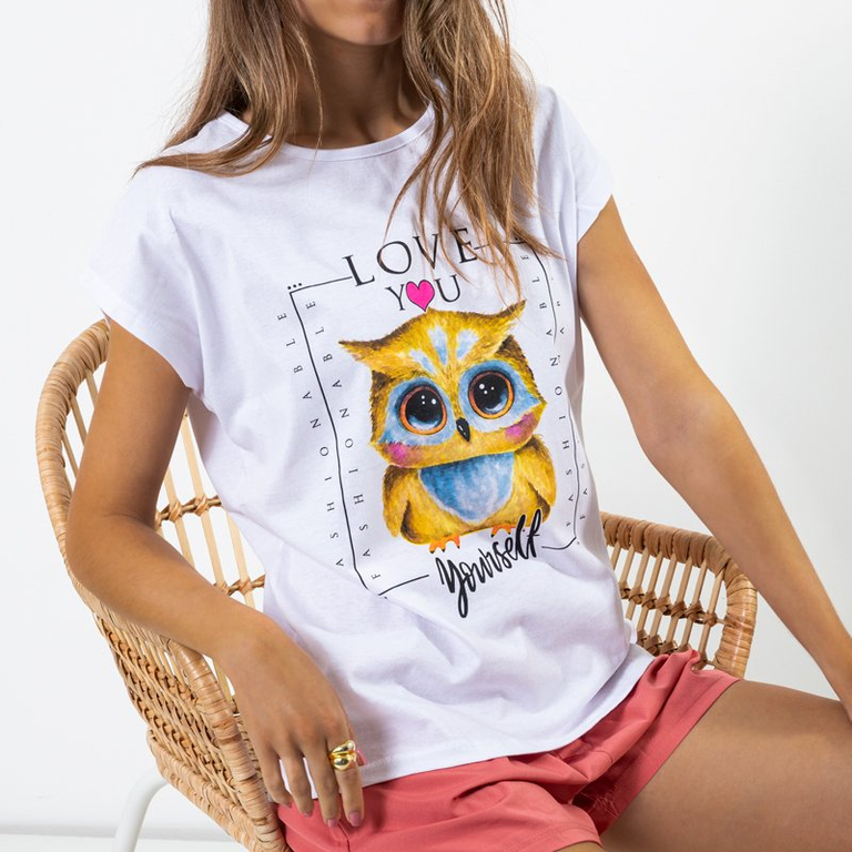 Dámske biele bavlnené tričko s potlačou - Oblečenie