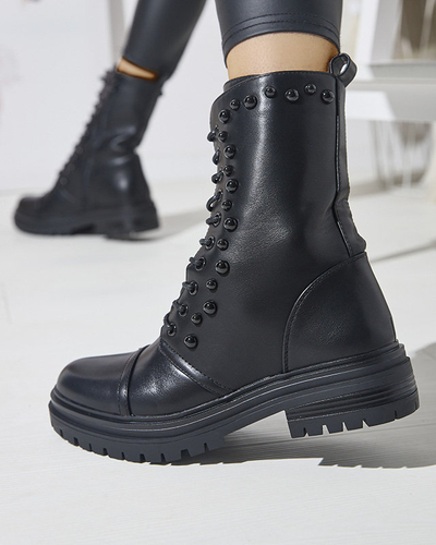 OUTLET Čierne dámske šnurovacie čižmy s perlami Gunny- Obuv