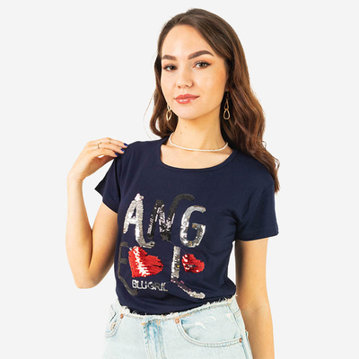 Tmavo modré dámske tričko s flitrovým nápisom - Clothing