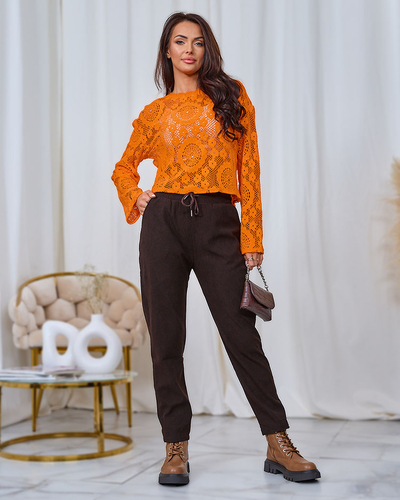 Royalfashion Tmavohnedé dámske nohavice z manšestrovej látky
