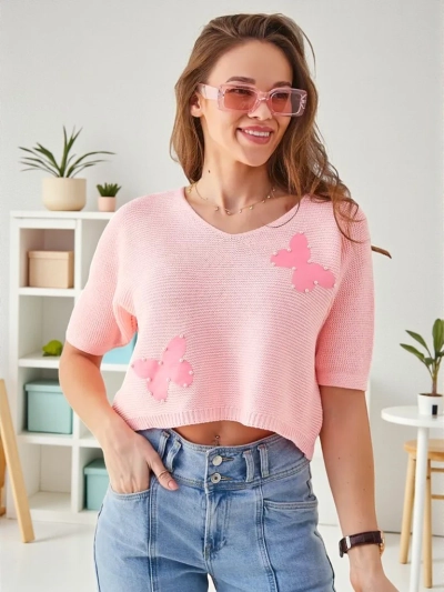 Royalfashion Dámsky bavlnený krátky sveter s motýlikmi