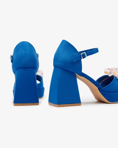 OUTLET Modré dámske sandále na hrubom podpätku s kryštálmi Celidi - Obuv