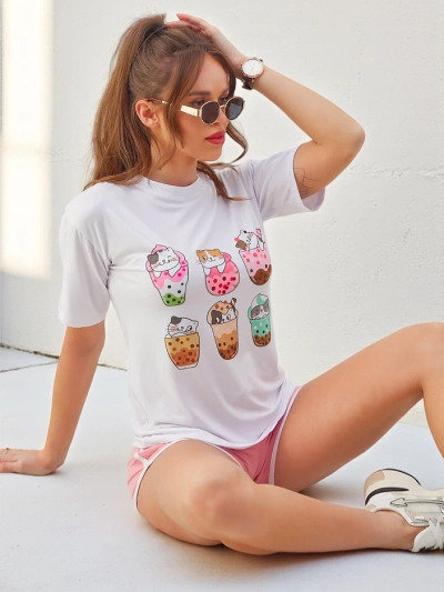 Royalfashion Dámska športová súprava s tričkom a šortkami Kitty Cat