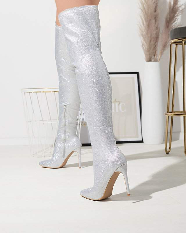 OUTLET Strieborné dámske čižmy nad kolená s trblietkami Qesda- Obuv