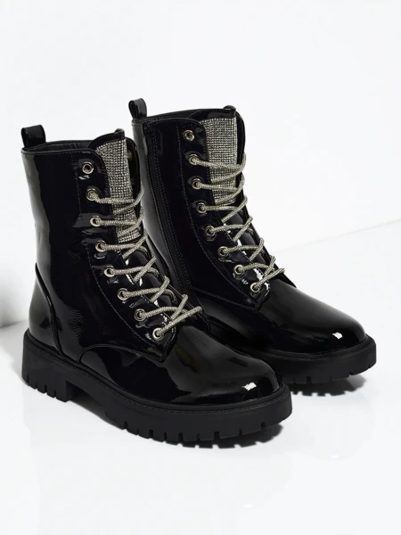 Ženski Gležnarji Athena Črni Lakirani Elegantni za Jesen