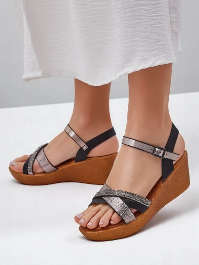 Royalfashion dámske wedge sandále s kamienkami a trblietaním Glittera