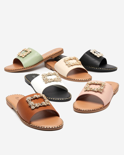 OUTLET Zelené elegantné dámske papuče so zlatým zdobením Meriso - Obuv