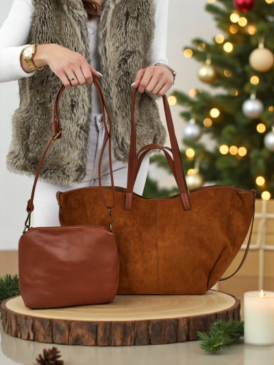 Ženska shopper torba iz eko semiša z manjšo eko usnjeno v kompletu 2v1 Elinea