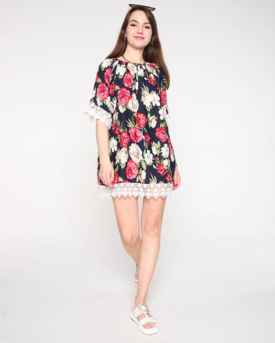 Námornícka modrá dámska blúzka s kvetmi PLUS VEĽKOSŤ - Oblečenie