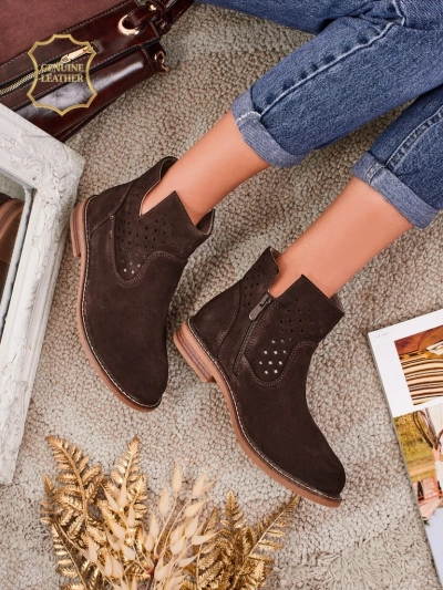 Aurelia Verona - Rjavi ženski semiš gležnarji iz naravnega usnja, 3 cm peta