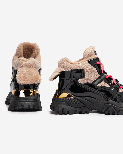 Čierna dámska športová obuv s kožušinou a neónovo ružovými šnúrkami Adbo- Footwear