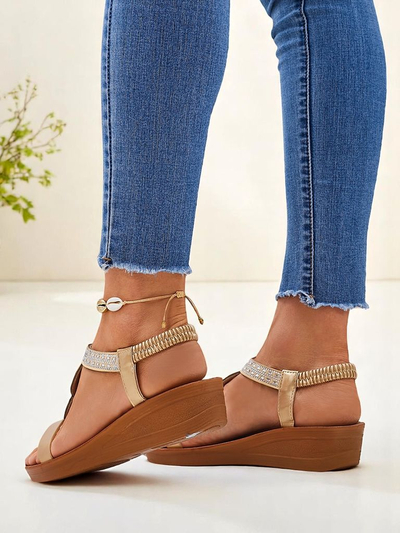 Ženski sandali s polno peto Aurelia Royalfashion zlati ekološko usnje