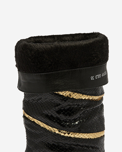 Čierno-zlaté dámske čižmy na podpätku s reliéfnymi pruhmi Felifea- Obuv