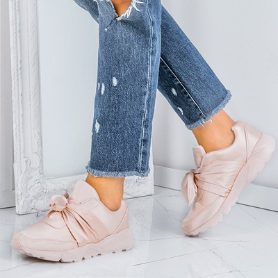 Beżowe, satynowe obuwie z kokardką Mabel- Obuwie