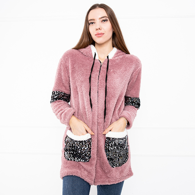 Fialová plyšová dámska mikina s kapucňou na zips - oblečenie