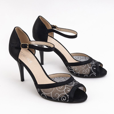 OUTLET Čierne sandále na podpätku s ozdobnou sieťovinou Vizui- Obuv