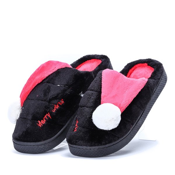 Czarne kapcie z pomponikiem Santa- Obuwie