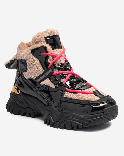 Čierna dámska športová obuv s kožušinou a neónovo ružovými šnúrkami Adbo- Footwear