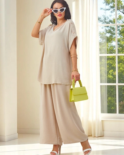 Royalfashion Dámsky bavlnený set s krátkymi rukávmi a rozšírenými nohavicami