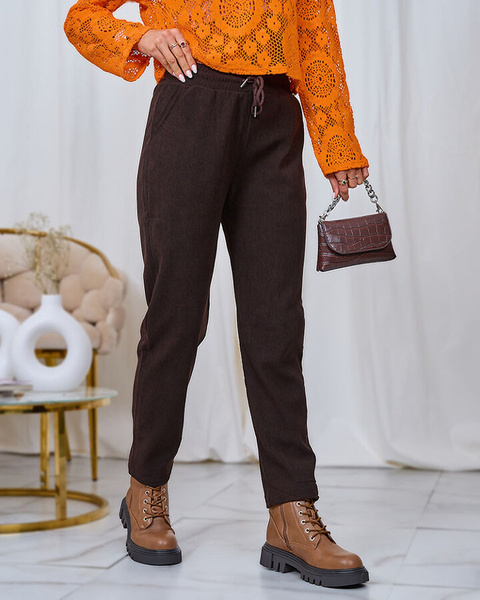 Royalfashion Tmavohnedé dámske nohavice z manšestrovej látky