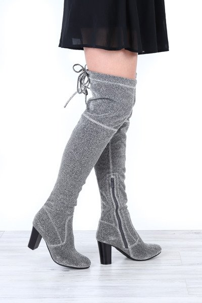 Srebrne, długie kozaki na słupku Hannah - Obuwie