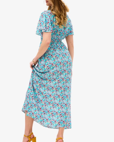 Kvetinové modré dámske midi šaty s obálkovým výstrihom - Oblečenie