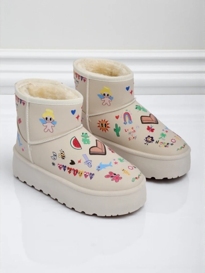 Škornji Lemuria - Kremni snežni škornji Doodle z debelim podplatom Furrini