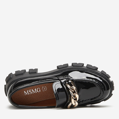 OUTLET Dámske čierne lakované slip on topánky s retiazkou Guinewra - Footwear