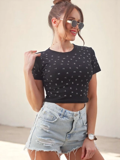 Royalfashion Bavlnený dámsky crop top s kamienkami a písmenami