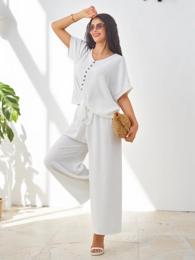 Royalfashion Dámsky casual set s blúzkou s krátkym rukávom a širokými nohavicami