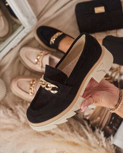 Mokasíny z eko-semišu so zlatým zdobením v čiernej farbe Zaffix- Obuv