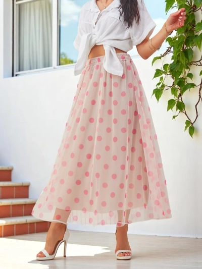Royalfashion Dámska viskózová midi sukňa s bodkovaným tylom