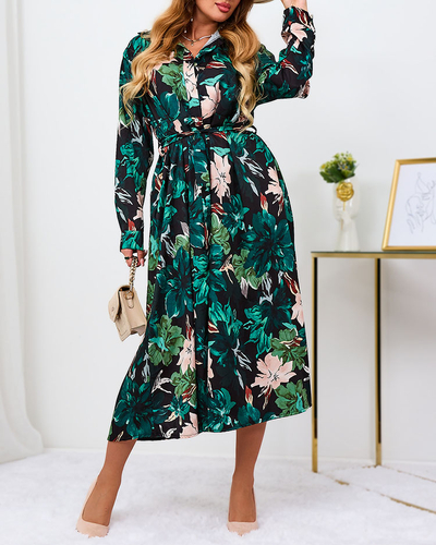 Royalfashion Čierno-zelené vzorované dámske maxi šaty