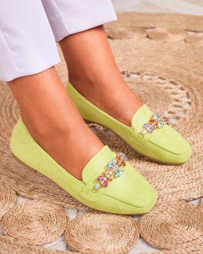 Royalfashion Neónovo zelené dámske mokasíny s kryštálmi Olkeri