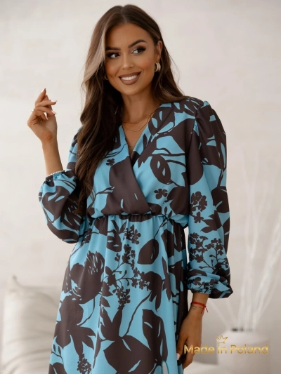 Sukienka Afrodyta Blu Oceano – modra midi, dolgi rokavi, klasičen stil