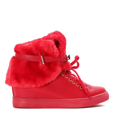 Czerwone sneakersy z futerkiem na krytym koturnie LU BOO- Obuwie