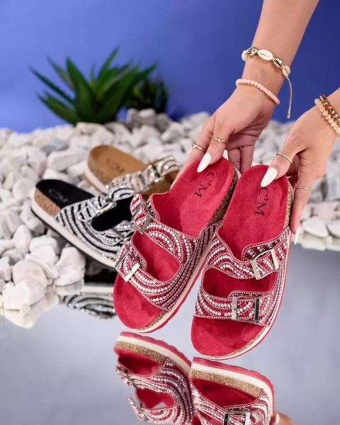 Dámske papuče s kubickými zirkónmi v červenej farbe Lalud-Shoes